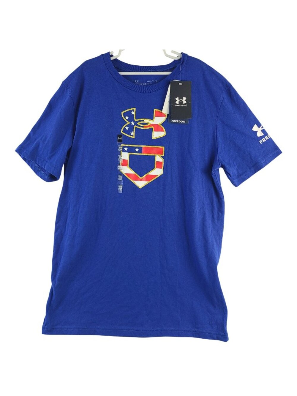 NEW Under Armour Boys Freedom Icon T-Shirt Blue Loose Fit Sz YXL Stars & Stripes
